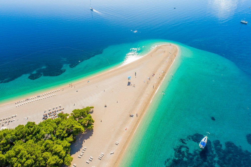 Aerial view of beach on peninsula in Croatia, Bol, Zlatni rat