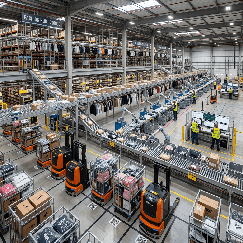 Large automated warehouse with sorting robots and workers handling fashion products.
