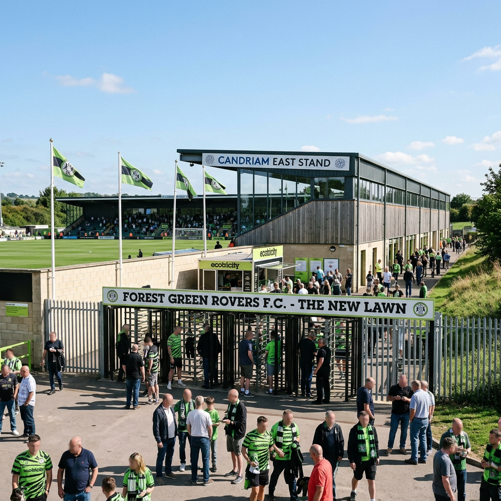 Matchday action at Forest Green Rovers Footballer in green stripes dribbles before cheering Forest Green Rovers supporters.